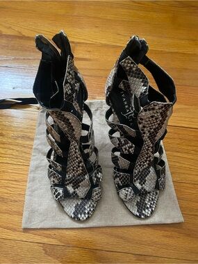Ivanka Trump Black and Cream Snakeskin Cutout High Heel Sandals